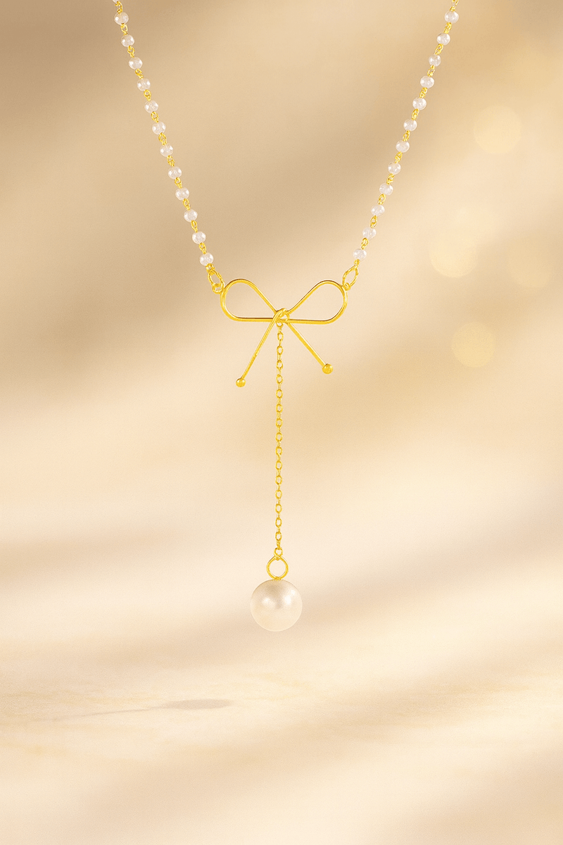Golden Bowdrop Pearl Necklace | Elegant Jewelry by Drop Charm